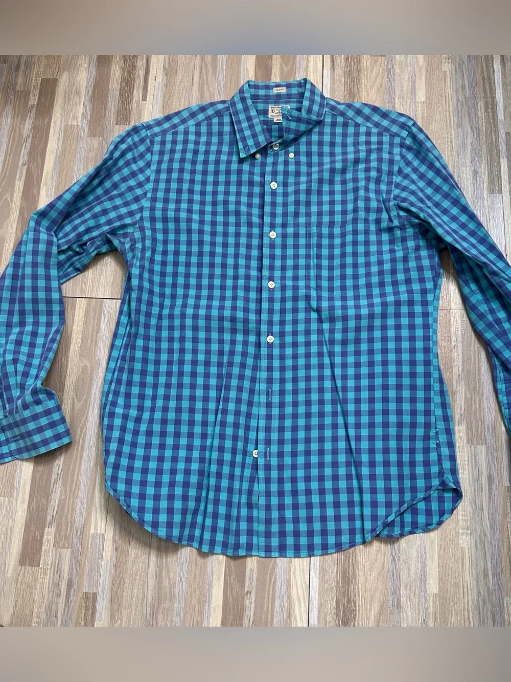 J. Crew Teal and Navy Check Long-Sleeve Button-Down Shirt Men's Size Large